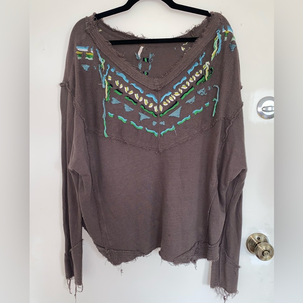Free People long sleeve embroidered boho top